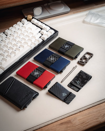 Minimalist wallets in red, blue, green, and black — slim, stylish everyday carry essentials.