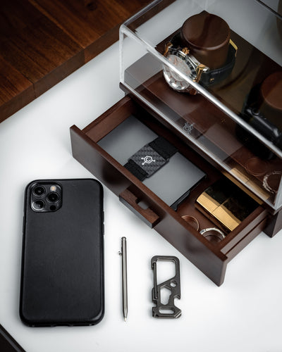 RFID blocking wallet stored in drawer with phone, pen, and everyday carry tools