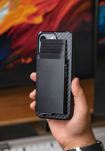 Code 118 modular wallet magnetically attached to iPhone with clean EDC layout