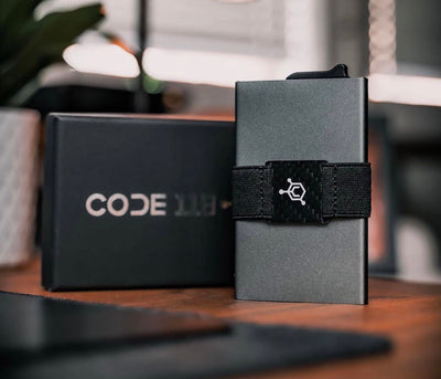 “slim cash strap wallet on desk – minimalist RFID metal wallet with cash strap”