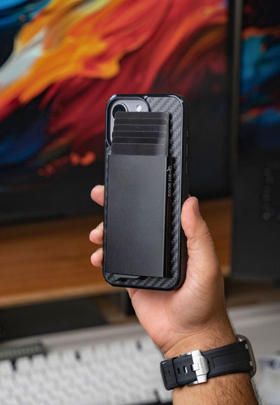 MagSafe carbon fiber minimalist wallet on iPhone — slim wallet with RFID protection, best minimalist wallet for EDC