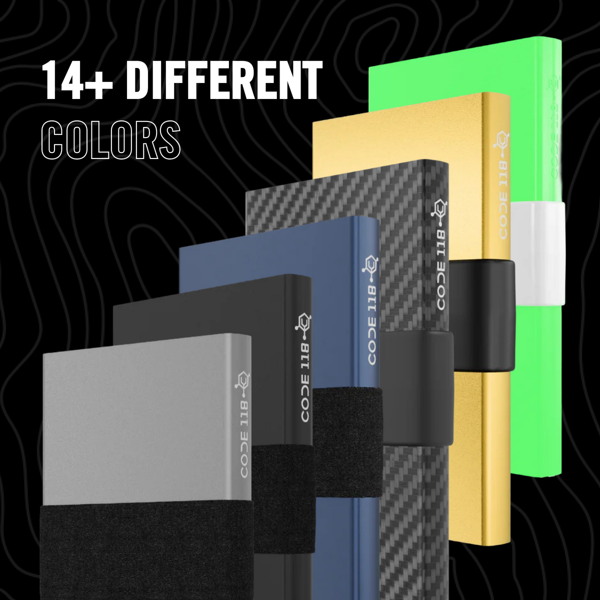CODE 118 wallet lineup with 14 plus different colors