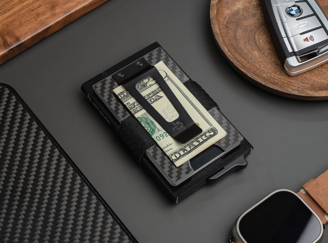 Cash Clip Backplate holding folded cash on a CODE 118 Wallet